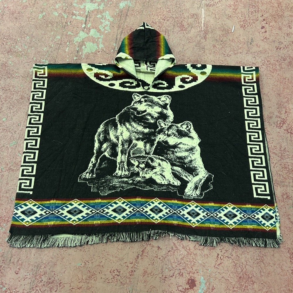 Unbranded Wolf Graphic Poncho Unisex OS Black Rainbow Hooded Fringed Woven Wrap